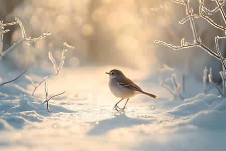Snow chaffinch (Ficedula hypoleucos) in winterの写真素材
