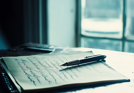 Pen and notebook on the table. Vintage tone.の写真素材