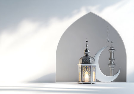 3d rendering of Ramadan Kareem lantern and crescent moon on white backgroundの写真素材