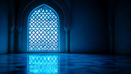 3d rendering of a beautiful mosque in morocco with blue glass doorの写真素材