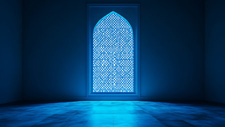 3d rendering of a blue door in a room with blue lightの写真素材