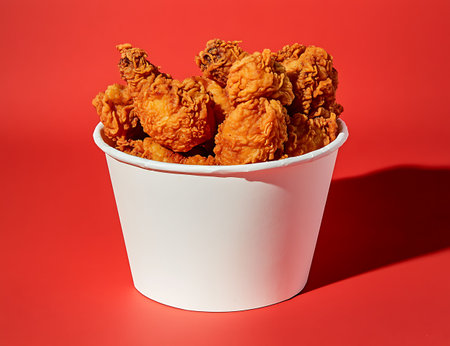 Fried chicken in a white paper cup on a red background.の写真素材