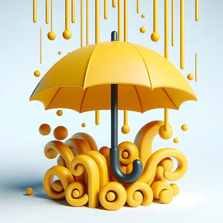 3d illustration of yellow umbrella with rain drops on white background.の写真素材