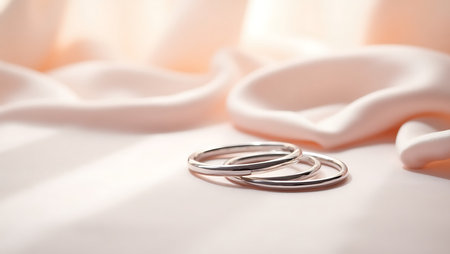Wedding rings on white satin background, close-upの写真素材