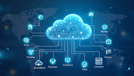 Cloud computing technology concept with icons on blue background. Vector illustration.の写真素材