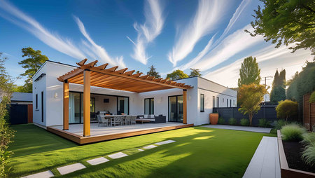 3d rendering of modern house with garage and pool for sale or rentの写真素材