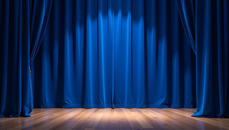 Blue theater curtain with wooden floor. Realistic 3d render illustrationの写真素材