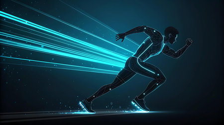 Running man with glowing lines on dark background, abstract vector illustration.の写真素材