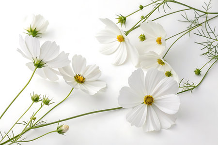 White cosmos flowers on white background. Flat lay, top view.の写真素材