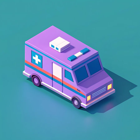 Ambulance isometric vector illustration. Ambulance car isolated on blue background.の写真素材