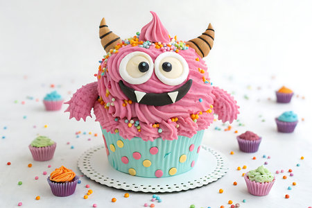 Funny cupcake with buttercream frosting on white tableの写真素材