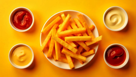 French fries with ketchup and mayonnaise on a yellow backgroundの写真素材
