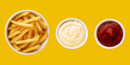 French fries with ketchup and mayonnaise on yellow background, top viewの写真素材