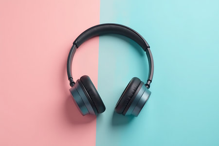 Headphones on blue and pink pastel background. Minimal music conceptの写真素材