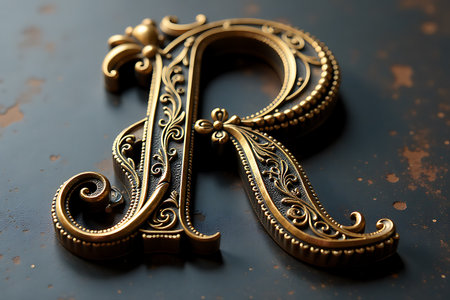 Vintage decorative letter R on a dark background. Selective focus.の素材