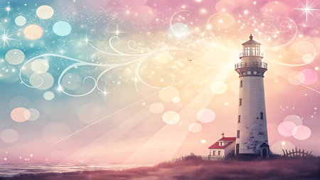 Lighthouse in the sea with bokeh lights and stars.の写真素材