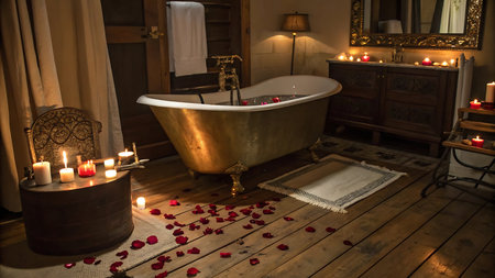 Bathroom interior with a bathtub, candles and rose petalsの写真素材