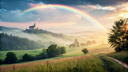 Landscape with a church in the middle of a meadow and a rainbowの写真素材
