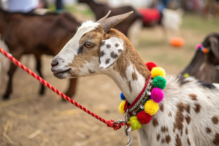 Portrait of a goat in a farm. Selective focus.の写真素材