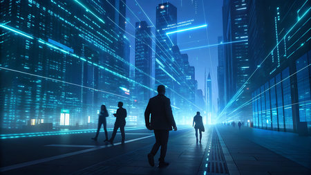 Businessman walking in futuristic city with glowing lights. Future and technology concept. Double exposureの写真素材