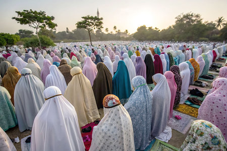 Muslim Women Praying in Colorful Hijabs and Abayas at Sunrise Outdoor Serene Atmosphereの写真素材