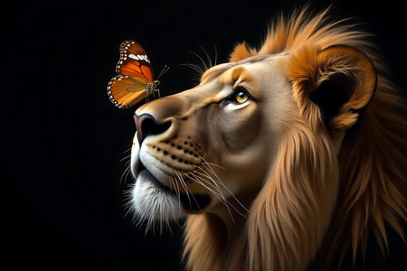 Lion with a butterfly on his head. 3d illustration.の写真素材