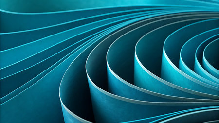 Abstract background of blue curved paper sheets. 3D render illustration.の写真素材