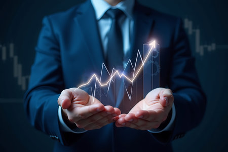 Close up of businessman holding virtual graph in his hands. Business conceptの写真素材