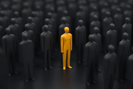 3d rendering of a yellow man standing in a crowd of peopleの写真素材