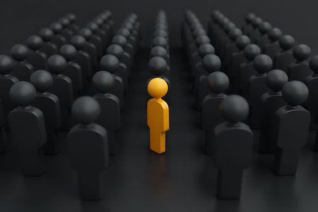 Leadership concept. 3d render of yellow man standing out from the crowdの写真素材