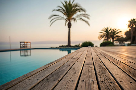 Swimming pool with palm trees at sunset in luxury hotel resort.の写真素材