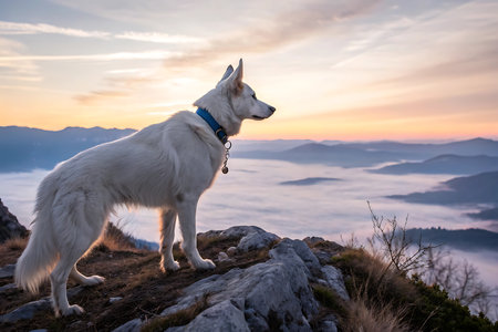 White Swiss Shepherd dog standing on the top of a mountain and watching the sunsetの写真素材