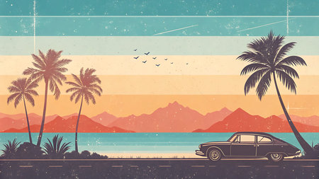 Vintage background with palm tree and retro car. Vector illustration.の写真素材