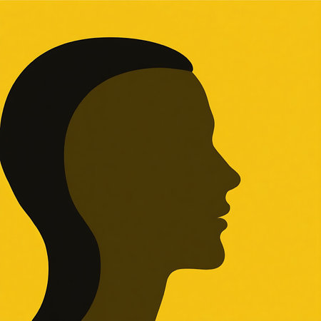 Silhouette of a woman's head on a yellow background.の写真素材
