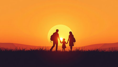Silhouette of a family with a child at sunset. Vector illustrationの写真素材
