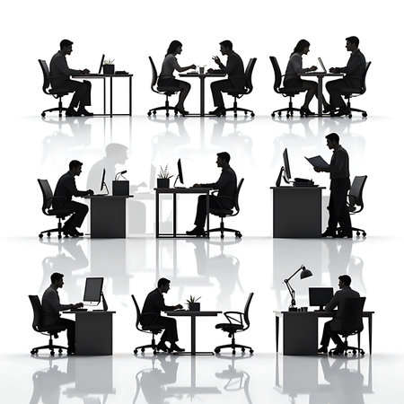 Group of business people silhouettes working in office on white background.の写真素材