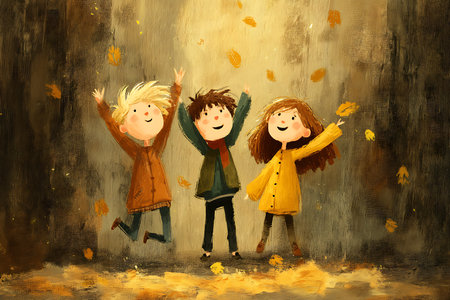 Children playing with autumn leaves in the forest. Children's illustration.の写真素材