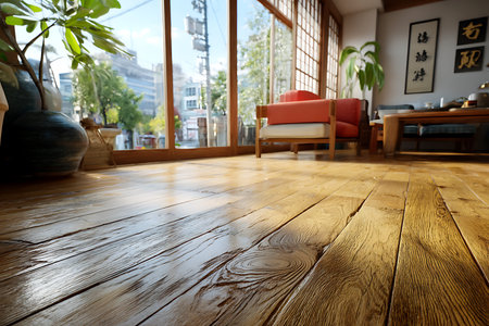 Interior of a coffee shop with wooden floor and red armchairの写真素材