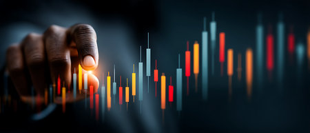 Close up of businessman hand touching virtual panel with forex candlestick chartの写真素材