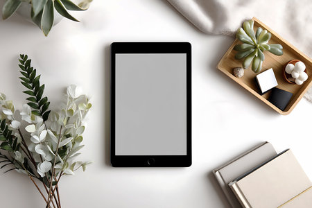 Modern workspace with blank screen tablet computer on white background. Flat lay, top viewの写真素材