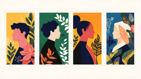 Set of posters with people silhouettes and floral elements. Vector illustrationの写真素材