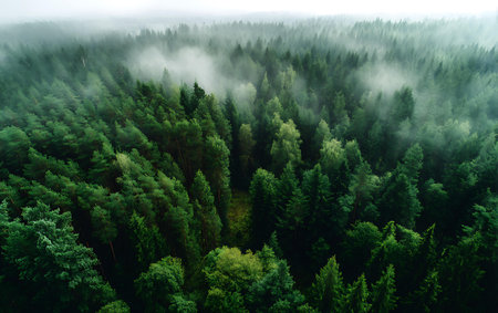 Aerial view of foggy forest. Top view of coniferous forest.の写真素材