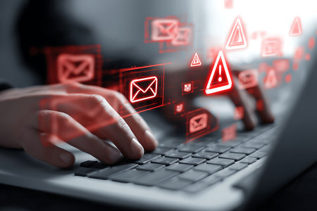 Cyber security concept. Close up of man hands typing on laptop keyboard.の写真素材