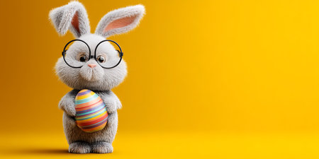 Easter bunny with glasses and easter egg on yellow background.の写真素材