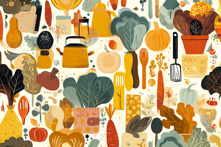 Seamless pattern with vegetables and kitchen tools. Vector illustration.の写真素材