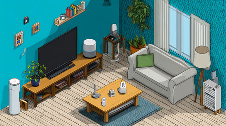 Interior of living room with furniture, sofa, TV and coffee tableの写真素材