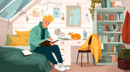 Vector cartoon illustration of a young man reading a book at home.の写真素材