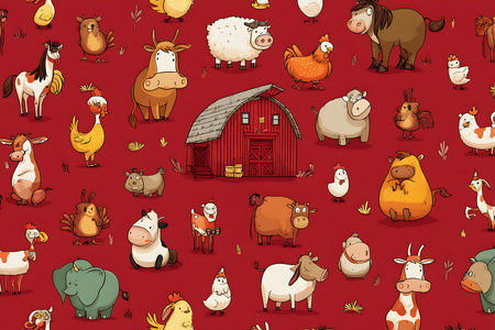 Seamless pattern with farm animals on red background. Vector illustrationの写真素材