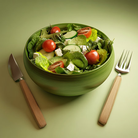 Healthy salad in a bowl with knife and fork on green backgroundの写真素材