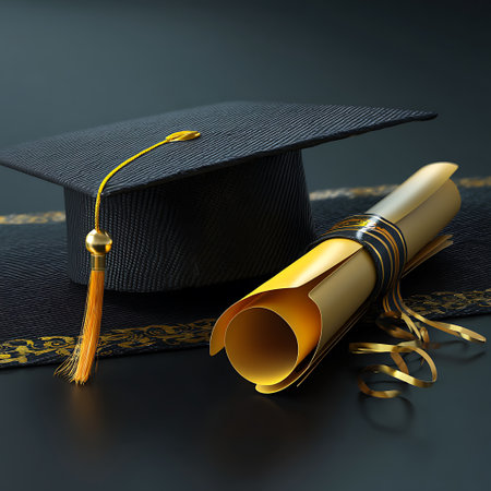 Graduation cap and diploma on black background. 3D illustration.の写真素材